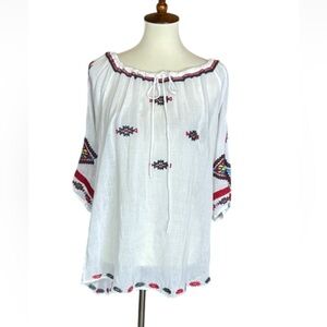 Biya by Johnny Was white peasant top with Aztec style embroidery Size Large